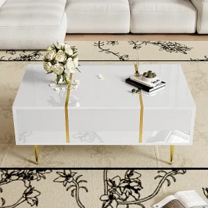 Moderne salontafel met 2 laden - 100 L x 60 B x 41,5 H cm - MDF hout - Glanzend wit