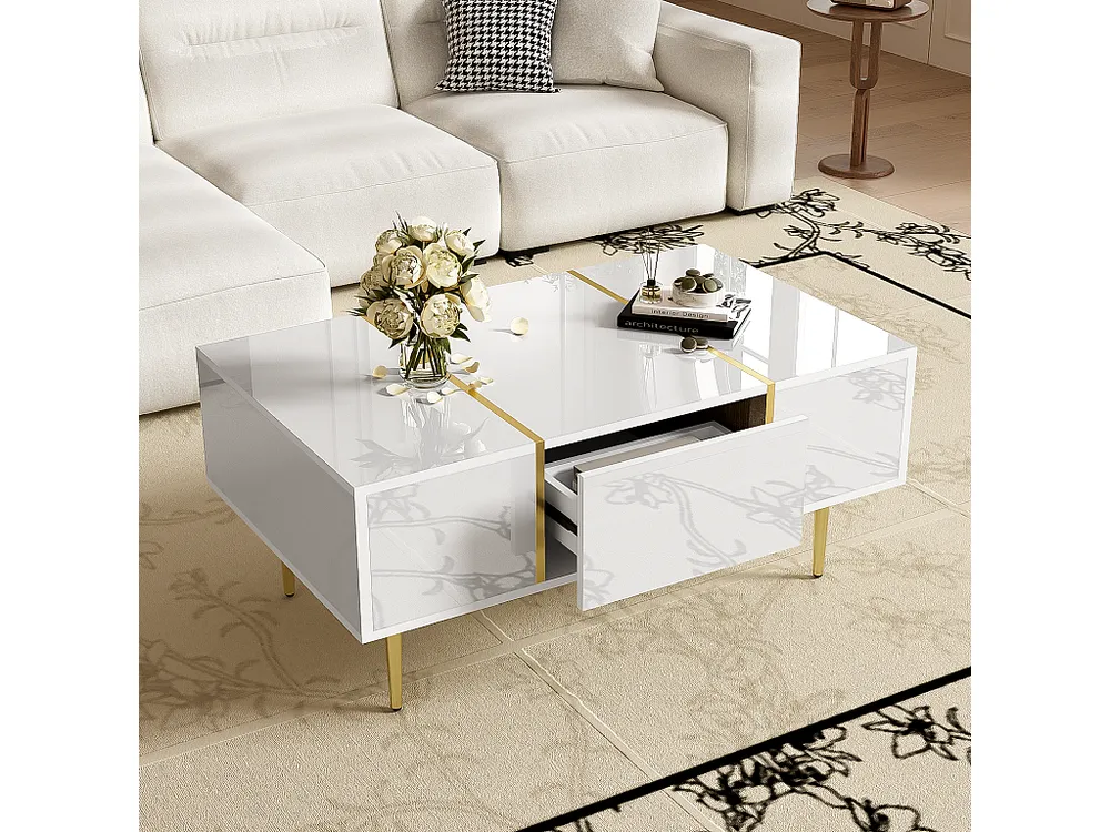Moderne salontafel met 2 laden - 100 L x 60 B x 41,5 H cm - MDF hout - Glanzend wit
