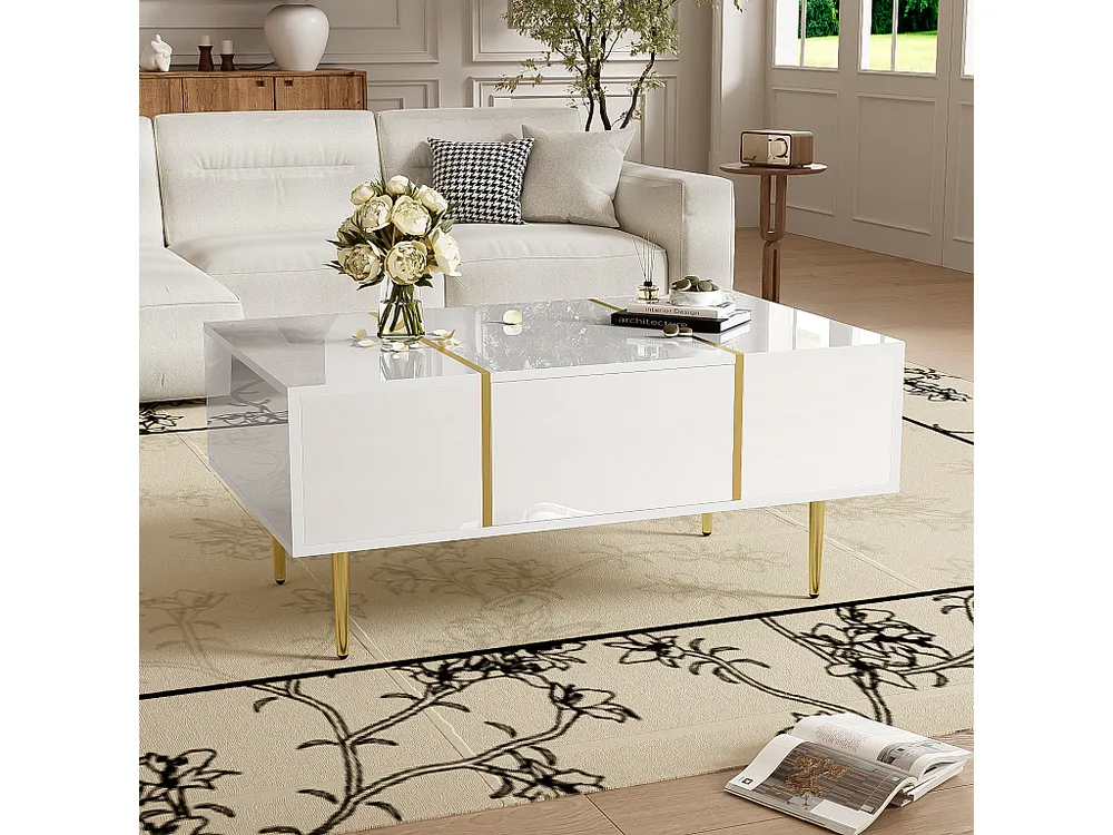 Moderne salontafel met 2 laden - 100 L x 60 B x 41,5 H cm - MDF hout - Glanzend wit