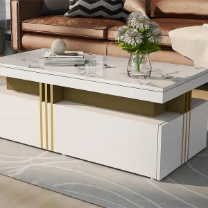 Moderne salontafel met 2 lades, blad met marmerpatroon, woonkamertafel, wit, 100x50x40cm