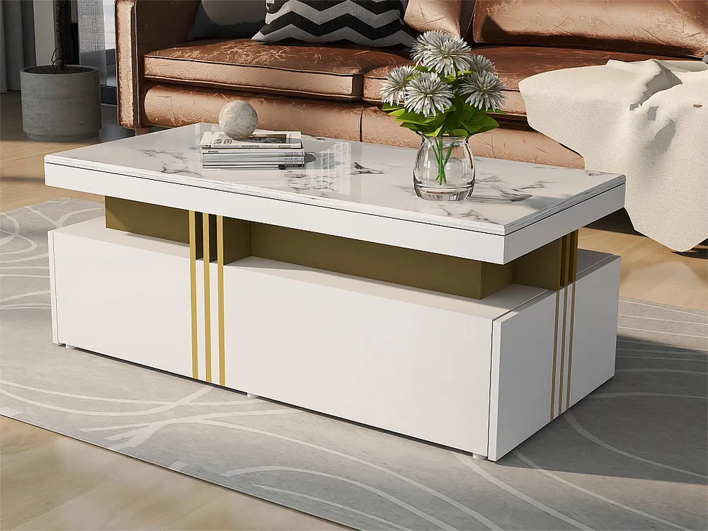 Moderne salontafel met 2 lades, blad met marmerpatroon, woonkamertafel, wit, 100x50x40cm