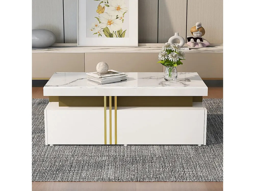 Moderne salontafel met 2 lades, blad met marmerpatroon, woonkamertafel, wit, 100x50x40cm