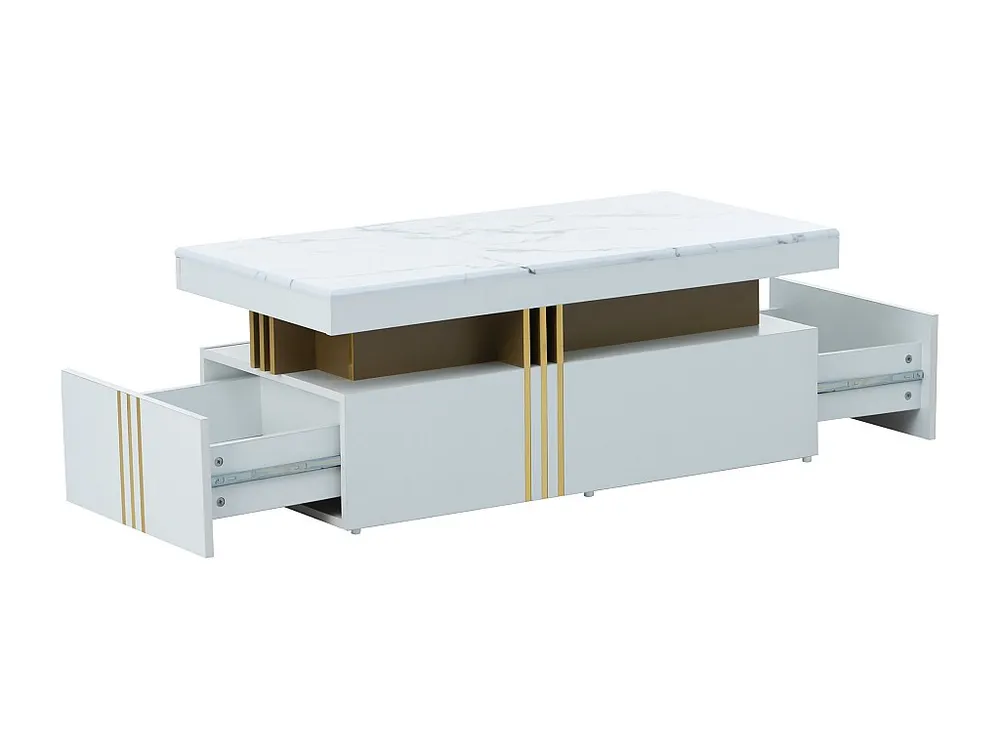 Moderne salontafel met 2 lades, blad met marmerpatroon, woonkamertafel, wit, 100x50x40cm