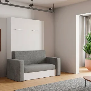 Opklapbedkast met bank 140 x 200 cm, wit en grijs - VACIALA II
