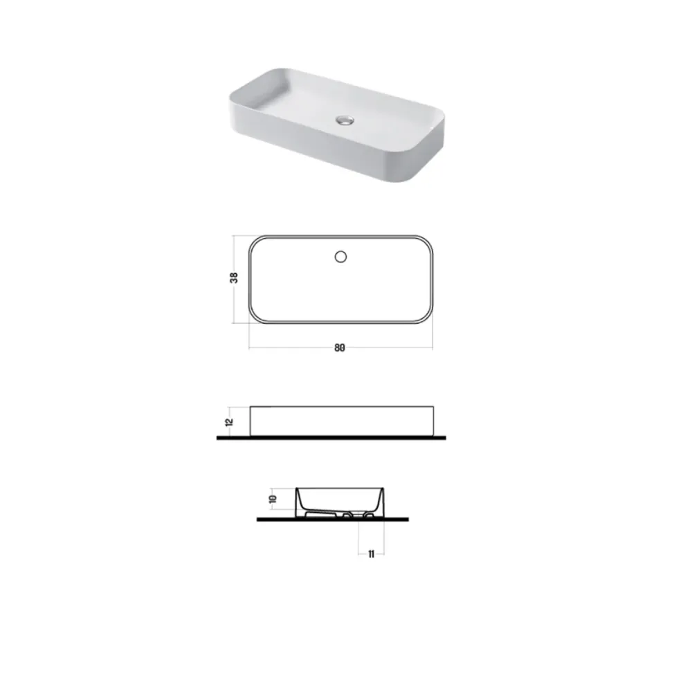 Rectangular countertop washbasin 80x38cm glossy white ceramic Smal series Disegno-Ceramica
