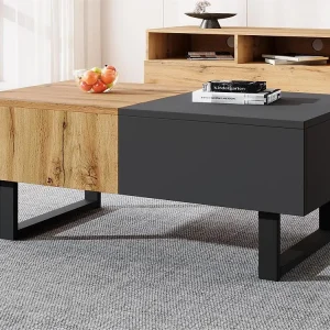 Salontafel hout en metaal - met verborgen opbergruimte - Naturel en grijs