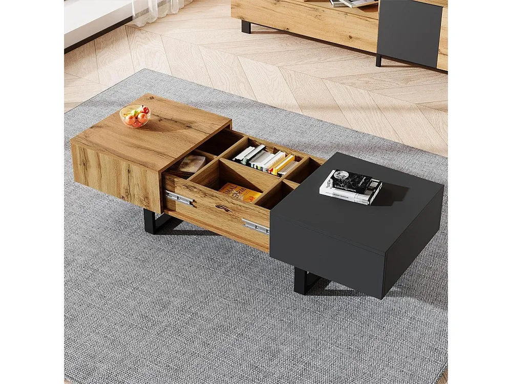 Salontafel hout en metaal - met verborgen opbergruimte - Naturel en grijs