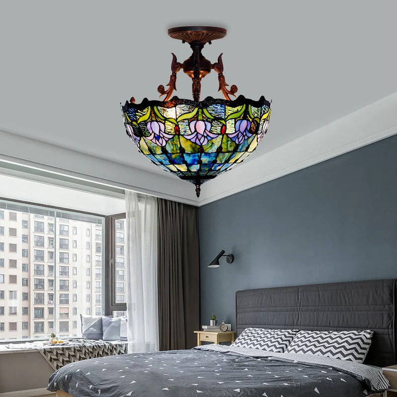 Stained Glaswerk Semi Flush Mount Light Mediterranean 3 Lights Red/Blue Ceiling Lighting Living Room Red