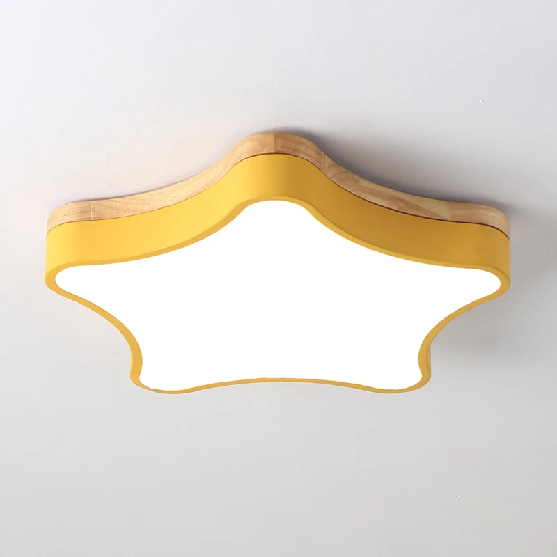 Star Girls Bedroom Flush Ceiling Light Kunststof glas LED Contemporary Wood Backplate Yellow