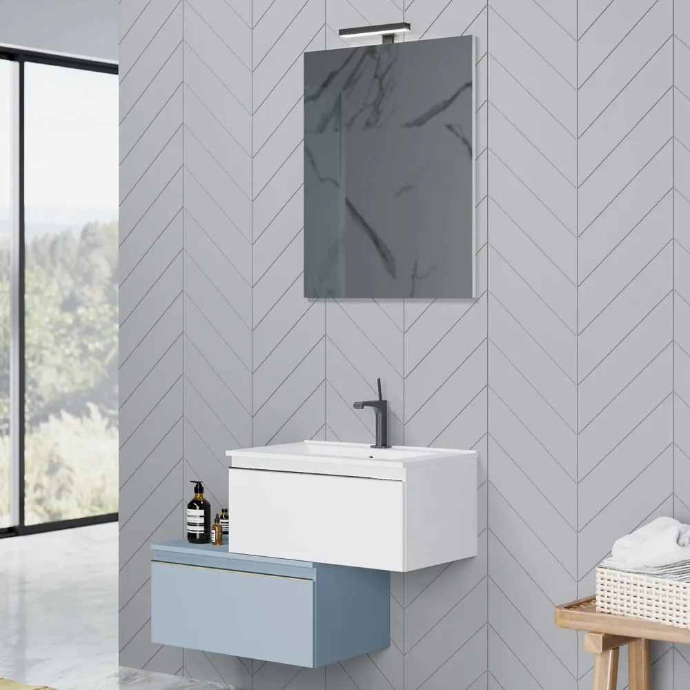 Suspended composition Shanti base washbasin, mirror and LED 80cm doffe pastel blue