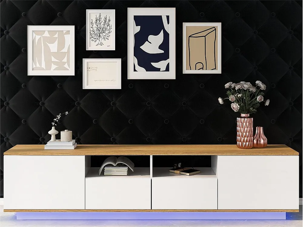 TV-meubel van 180 cm met LED - 2 laden en 2 open planken - eigentijdse Scandinavische stijl - Wit