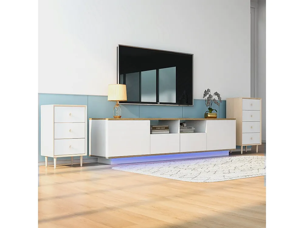 TV-meubel van 180 cm met LED - 2 laden en 2 open planken - eigentijdse Scandinavische stijl - Wit