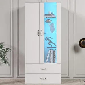 Vetrina con 2 ante e 2 cassetti e LED - Altezza 180 cm - Bianco