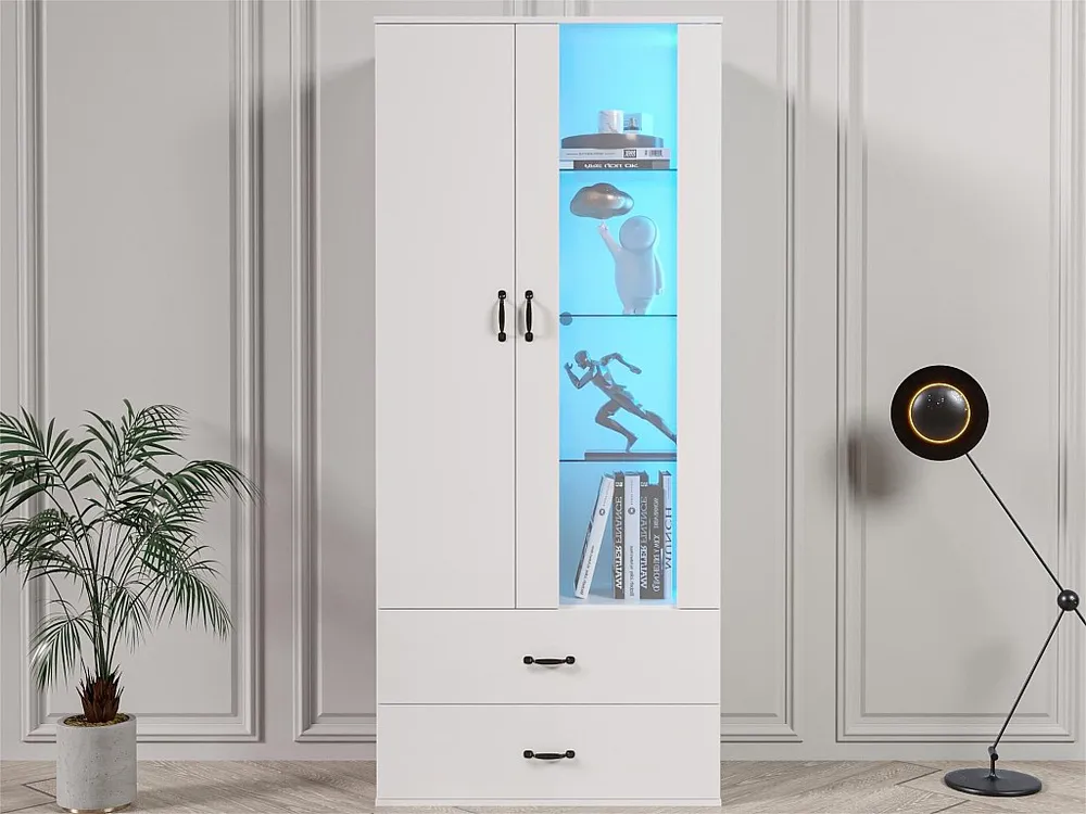Vetrina con 2 ante e 2 cassetti e LED - Altezza 180 cm - Bianco