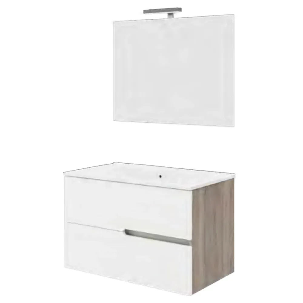 Wall-mounted bathroom vanity base, sink, and mirror model Irene 80 - Smoke oak and Glossy white