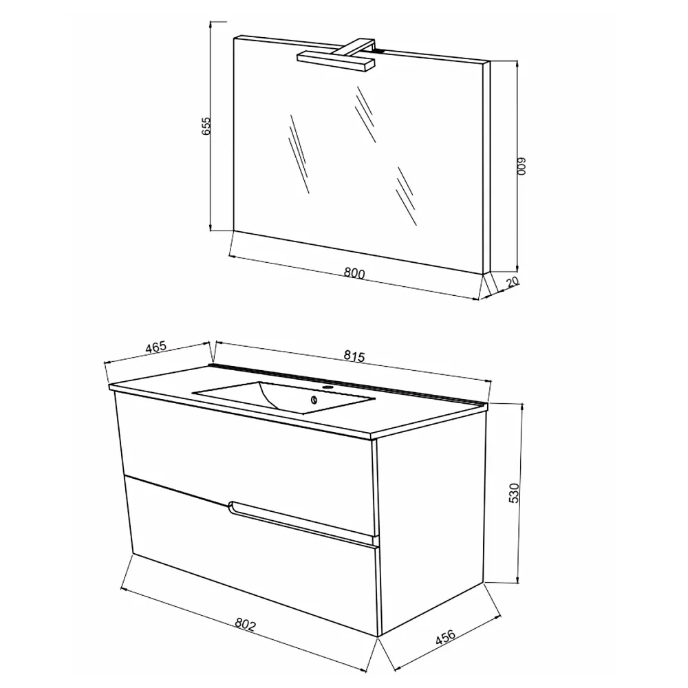 Wall-mounted bathroom vanity base, sink, and mirror model Irene 80 - Smoke oak and Glossy white