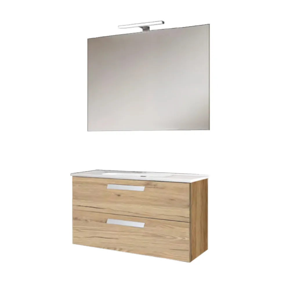 Wall-mounted bathroom vanity base, sink, and mirror LED Clara 85 model - Natural Eiken