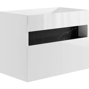 Wastafelmeubel met ledverlichting - Wit en zwart met marmerlook - L80 cm - POZEGA