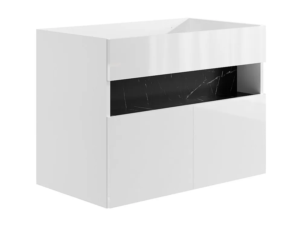 Wastafelmeubel met ledverlichting - Wit en zwart met marmerlook - L80 cm - POZEGA