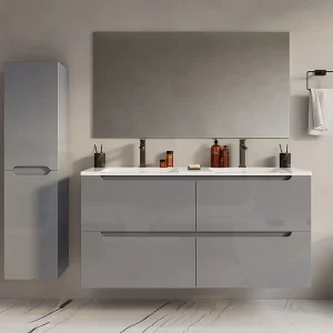 Zwevend wastafelmeubel met dubbel inbouwbekken en kast - Grijs - 120 cm - SELITA