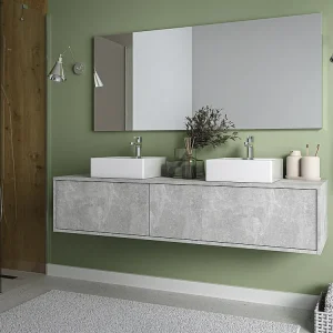 Zwevend wastafelmeubel voor de badkamer, betongrijs, L150 x H32 cm, ISAURE
