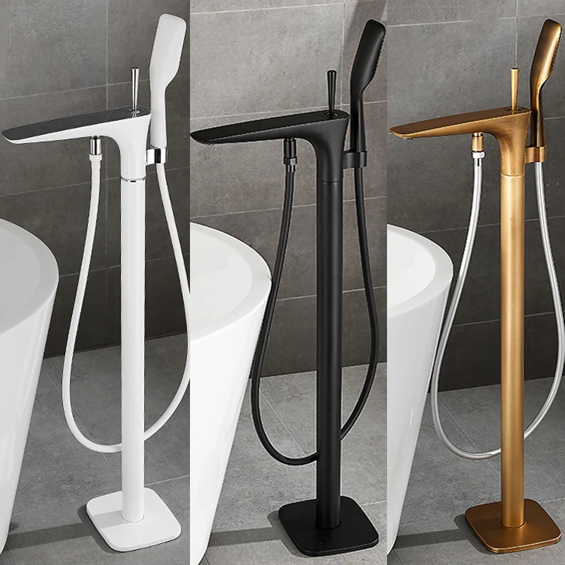 Contemporary Bathroom Faucet Floor Mounted Warm koper One Handle Fixed Freestanding Tub Filler Black