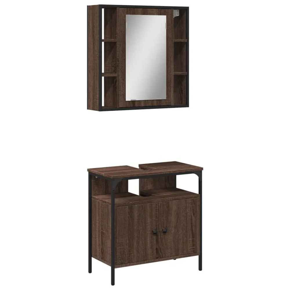 2-delige Badkamermeubelset bewerkt hout bruin eikenkleur Matt Zwart | Moderne Look