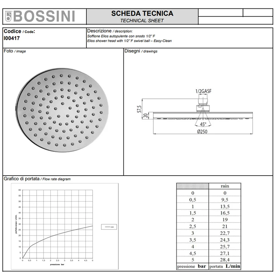 ABS shower head diam. Cm 20 Bossini Elios individueel jet Zen shower duplex kit double crimped brass hose