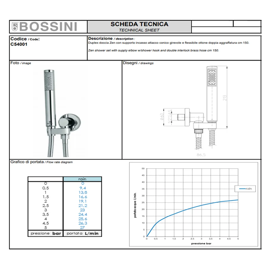 ABS shower head diam. Cm 20 Bossini Elios individueel jet Zen shower duplex kit double crimped brass hose