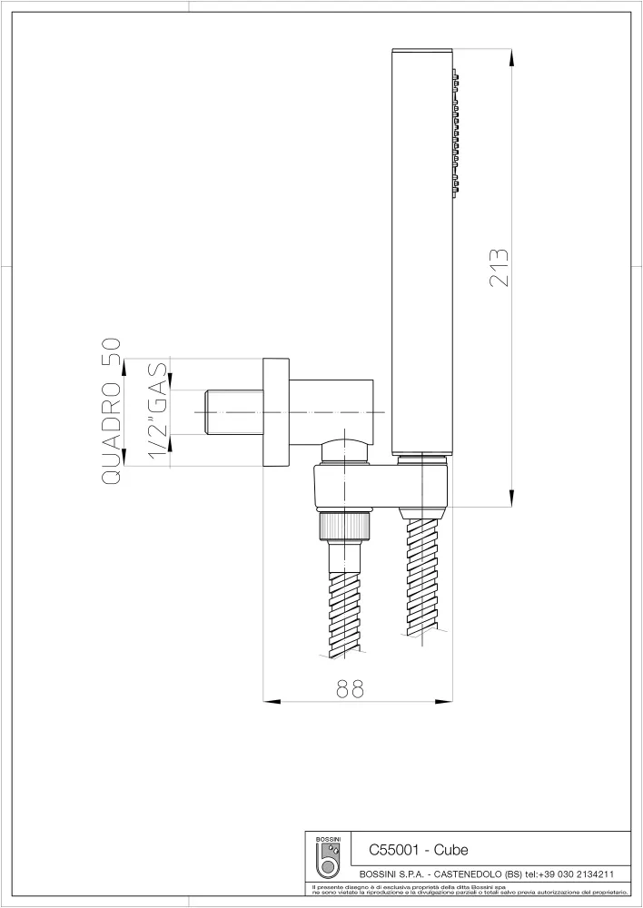 Bossini duplex shower set CUBE model complete support and water inlet vloeiend hose