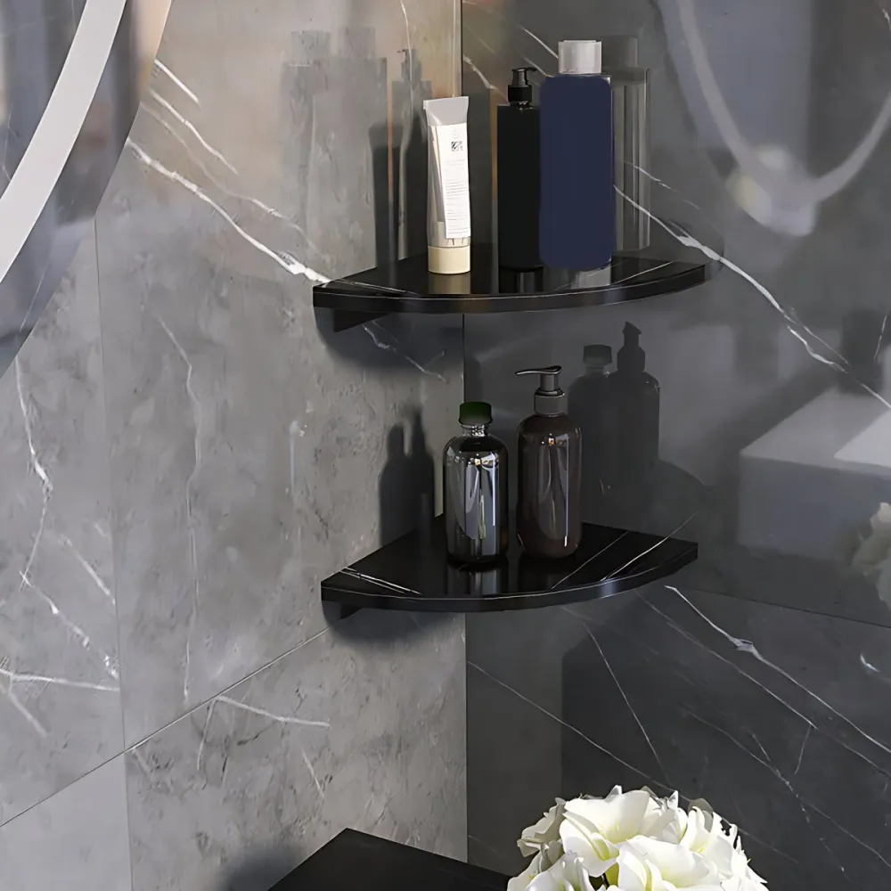 3 Piece Modern Bathroom Accessory Set Marble and Metalen Bath Shelf White