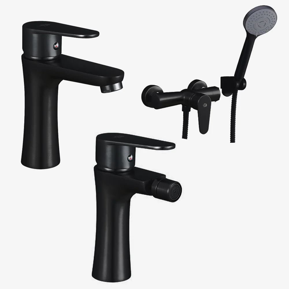 Set faucet mixers sink and bidet drains and external shower handheld shower head Elizabeth series gedempt black - Eenvoudi...