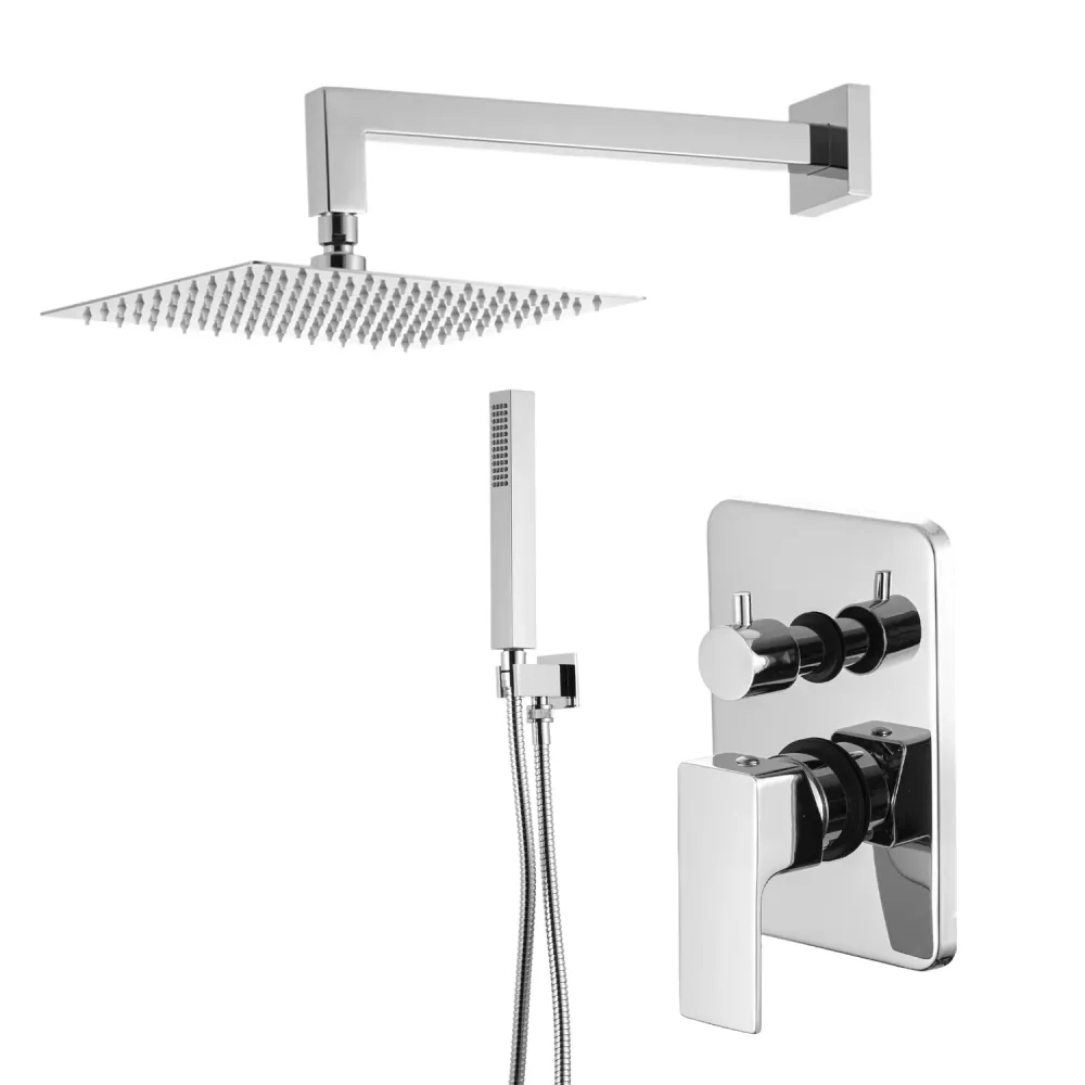 Shower kit two-way built- and 300 mm square showerhead chrome-plated geel koper Nix