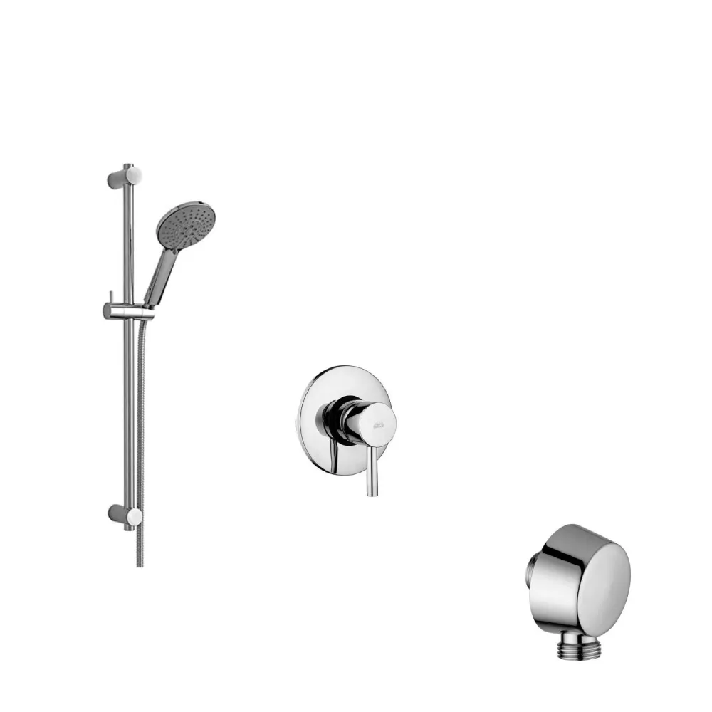 Sliding set van metaal rod, built- shower mixer and round wall water outlet, Paffoni
