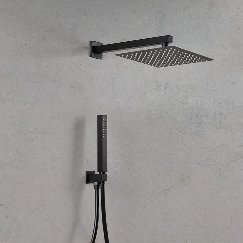 Square shower set 30x30 cm showerhead, Amy hand shower, water inlet and matte koolzwart hose Ares met Overloopbeveiliging