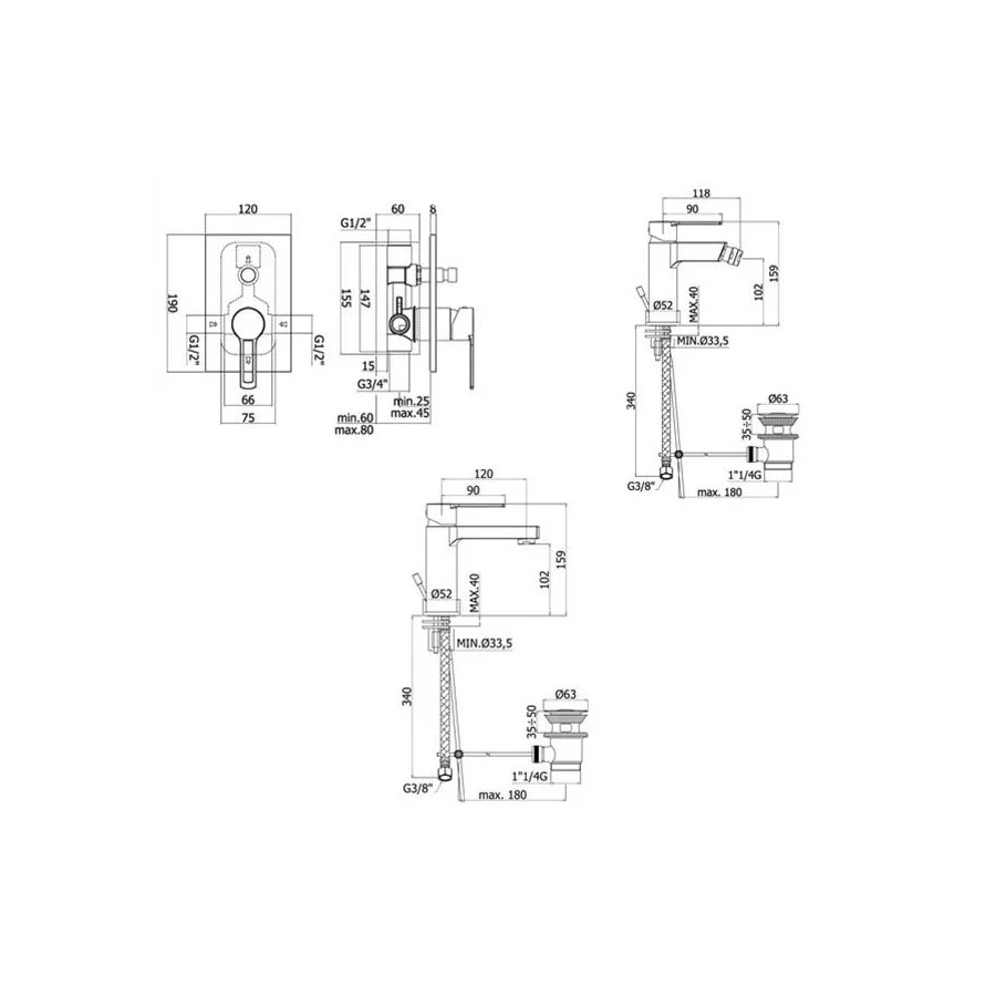 Thermostatische Paffoni Ringo mixer set washbasin, bidet, and shower diverter