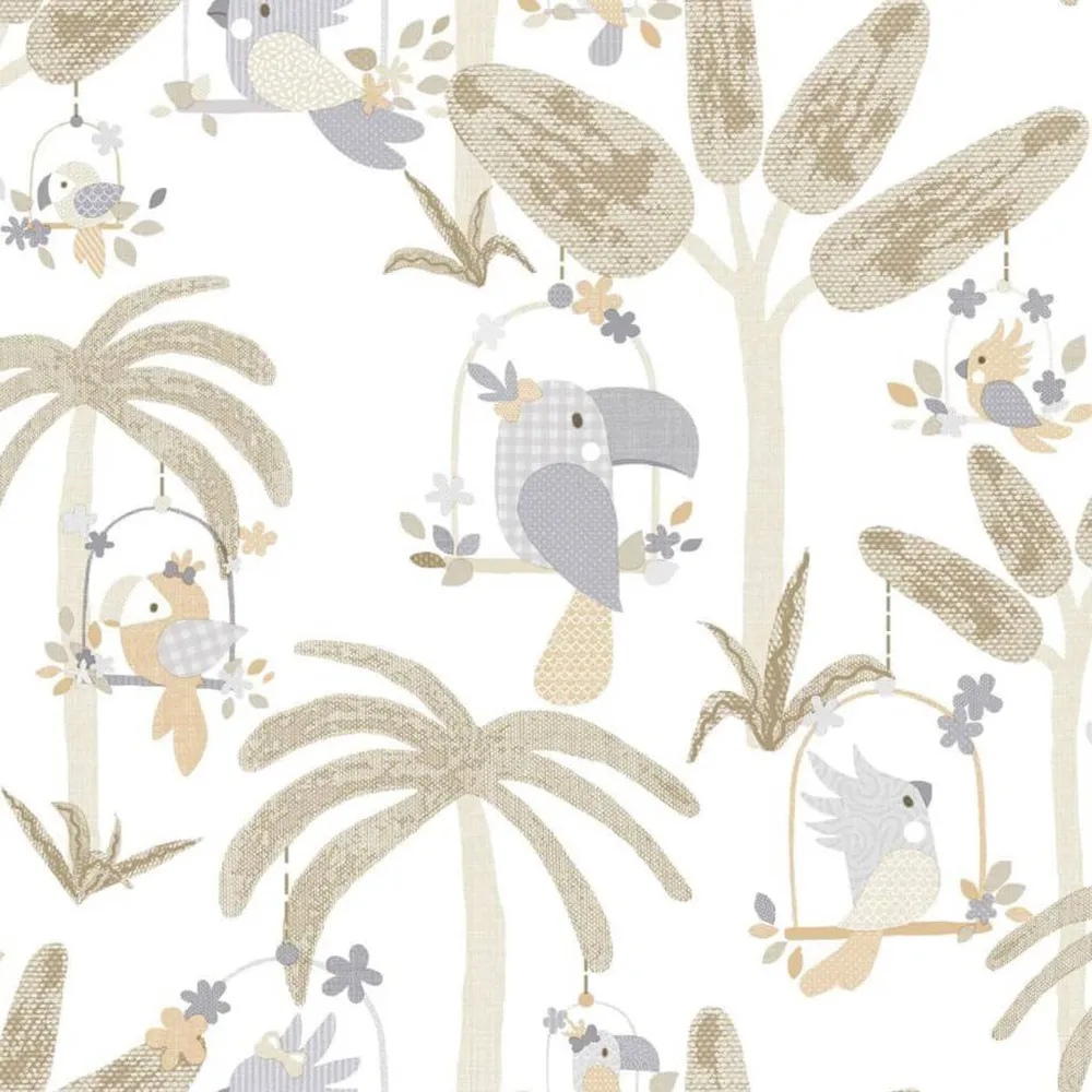 Noordwand Behang Mondo baby Animals Birds Trees wit en ecru