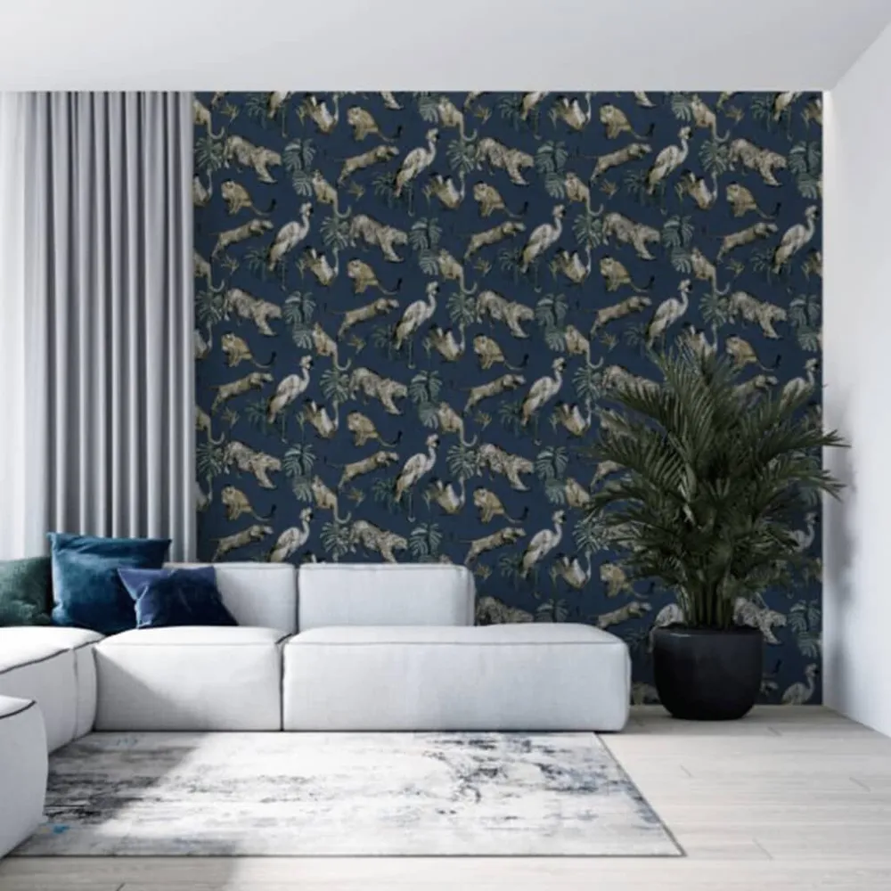 Noordwand Behang Zero Exotic Animals blauw met snij- en plakgids