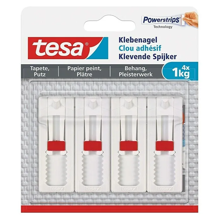 Tesa Verstelbare klevende spijker - Geschikt voor: Behang, Belastbaarheid: 1 kg, Wit, 4 st. met Lijm inbegrepen