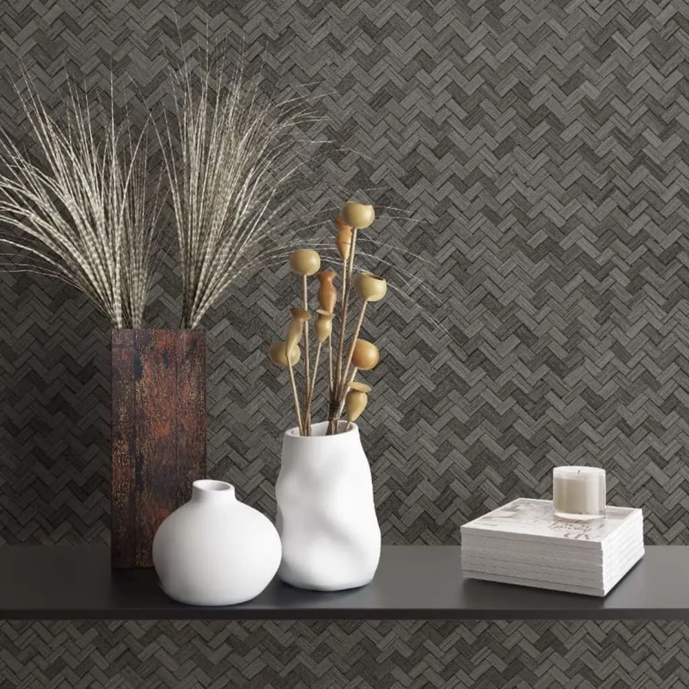 3D-relief Noordwand Behang Botanica Rattan Wickerwork zwart en grijs