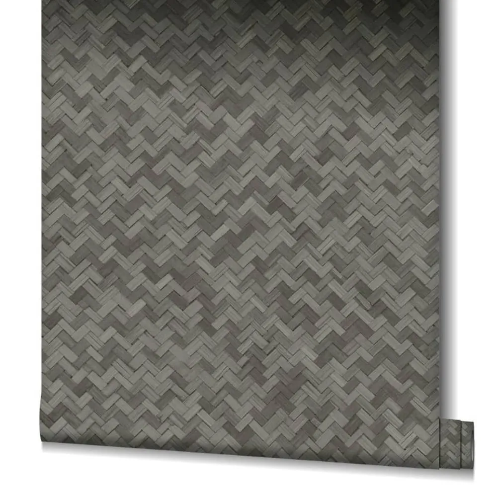 3D-relief Noordwand Behang Botanica Rattan Wickerwork zwart en grijs