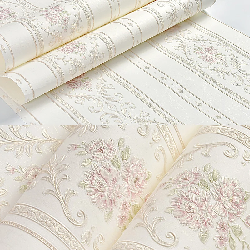 Bloemen gestreept behangrol Landelijk reliëf wandbekleding pastelkleuren Geschikt voor oneffen muren