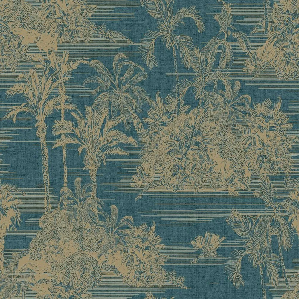 DUTCH WALLCOVERINGS Behang Tropical donkerblauw en goudkleurig | 10 m² | 53 cm breed
