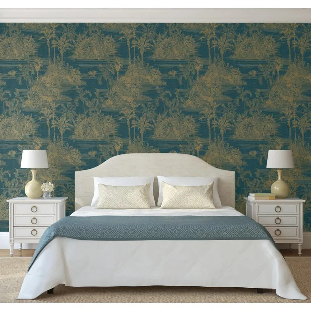 DUTCH WALLCOVERINGS Behang Tropical donkerblauw en goudkleurig | 10 m² | 53 cm breed