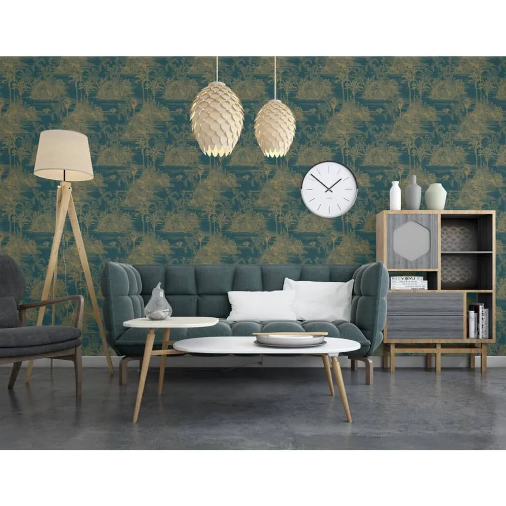 DUTCH WALLCOVERINGS Behang Tropical donkerblauw en goudkleurig | 10 m² | 53 cm breed