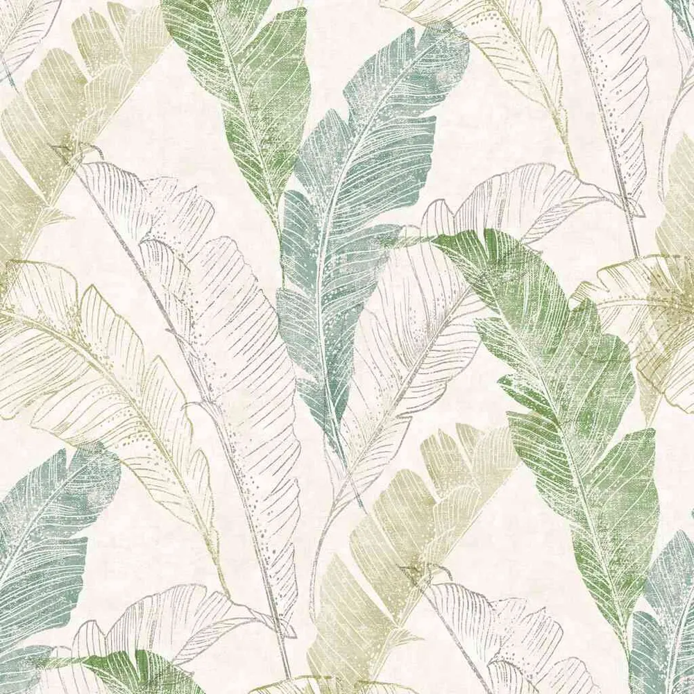 DUTCH WALLCOVERINGS Behang Tropical Leaf grijs en groen met afwerkmes