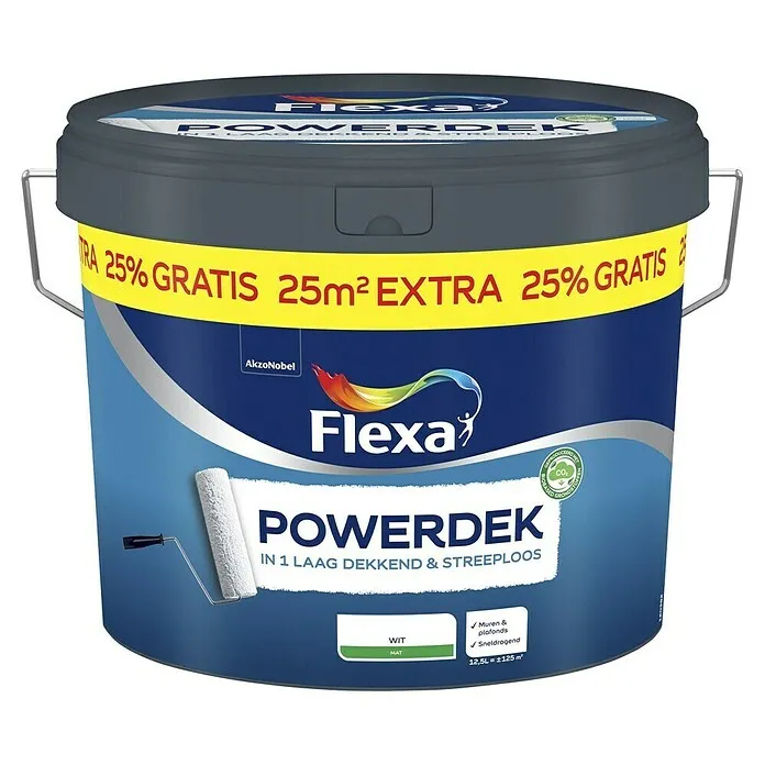 Flexa Powerdek Muurverf Muren & Plafonds 10L +25% - Wit, Mat, 12,5 l met lijm al aangebracht