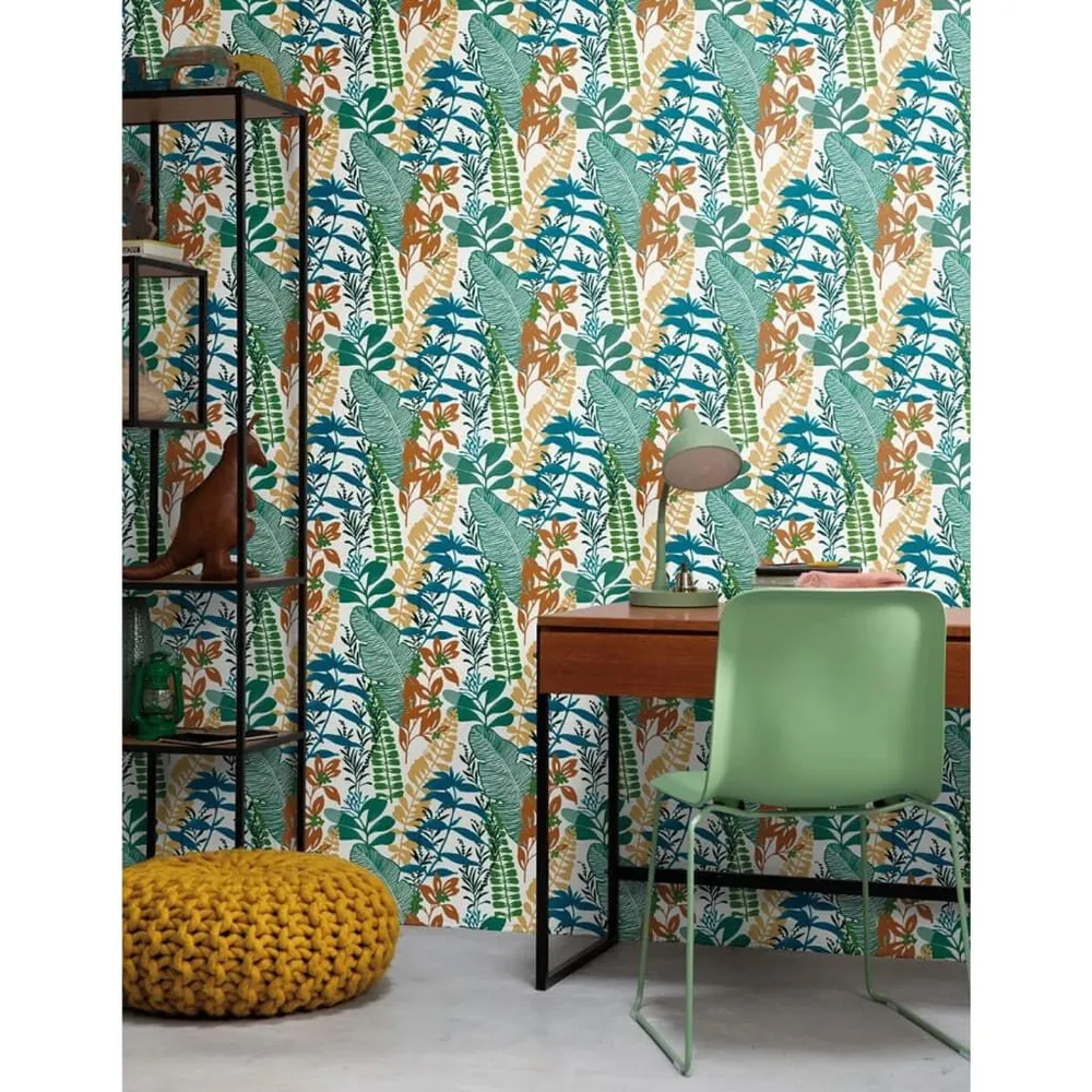 Noordwand Behang Good Vibes Big Leaves blauw en groen voor vochtige ruimtes