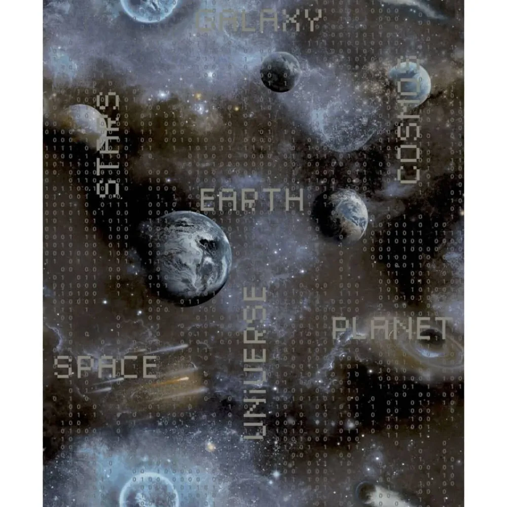 Noordwand Behang Good Vibes Galaxy Planets and Text blauw en zwart Vochtbestendig en wasbaar