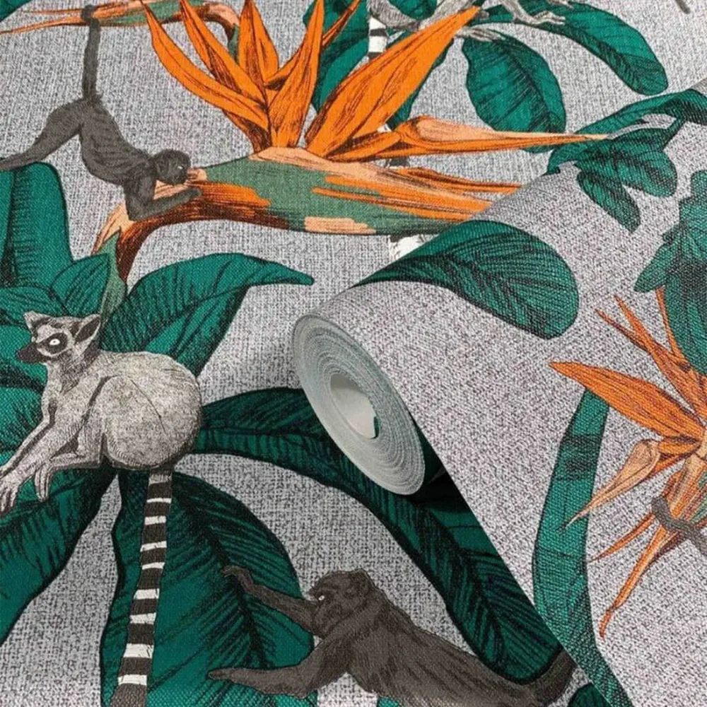Noordwand Behang Topchic Monkey Jungle Leaves groen en grijs Easy Strip